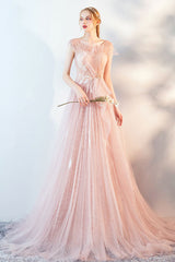 Pink Prom Dress Tulle Lace Long Formal Evening Dress