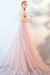 Pink Prom Dress Tulle Lace Long Formal Evening Dress