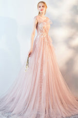 Pink Prom Dress Tulle Lace Long Formal Evening Dress