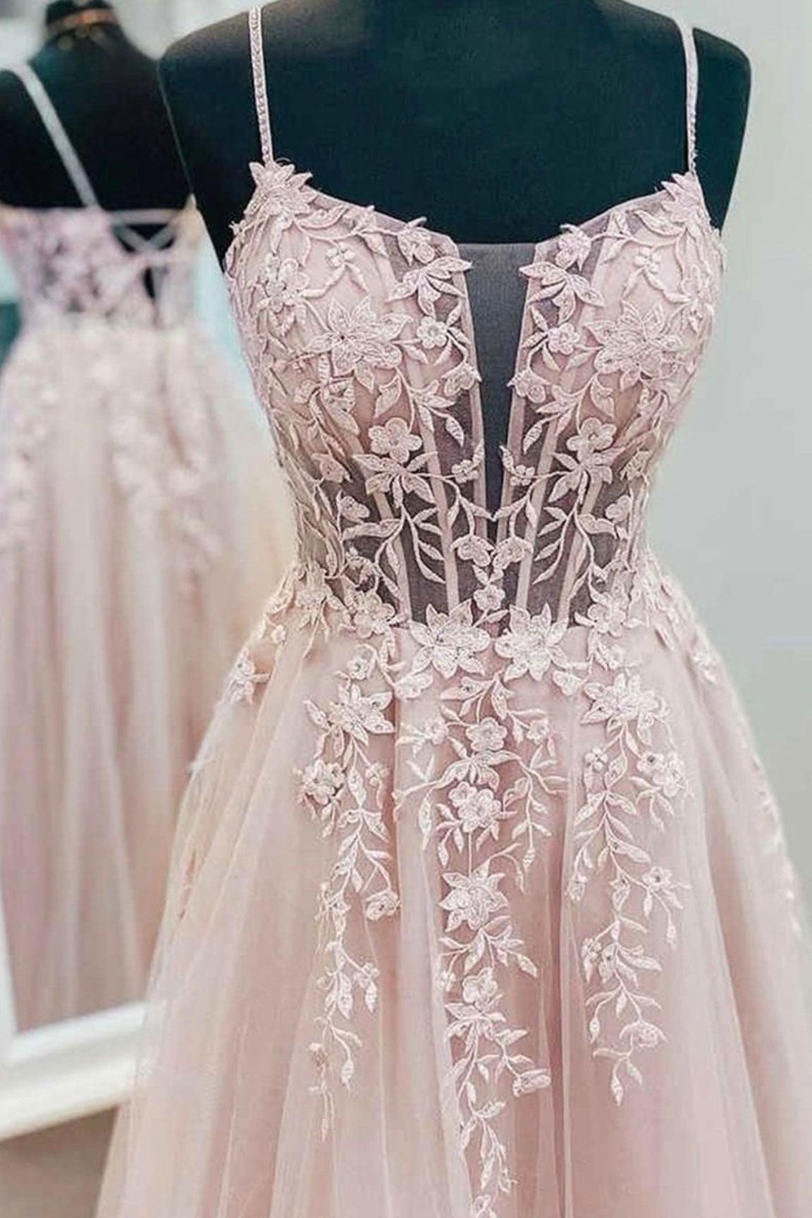Pink Prom Dress Tulle Lace Long Formal Evening Dress