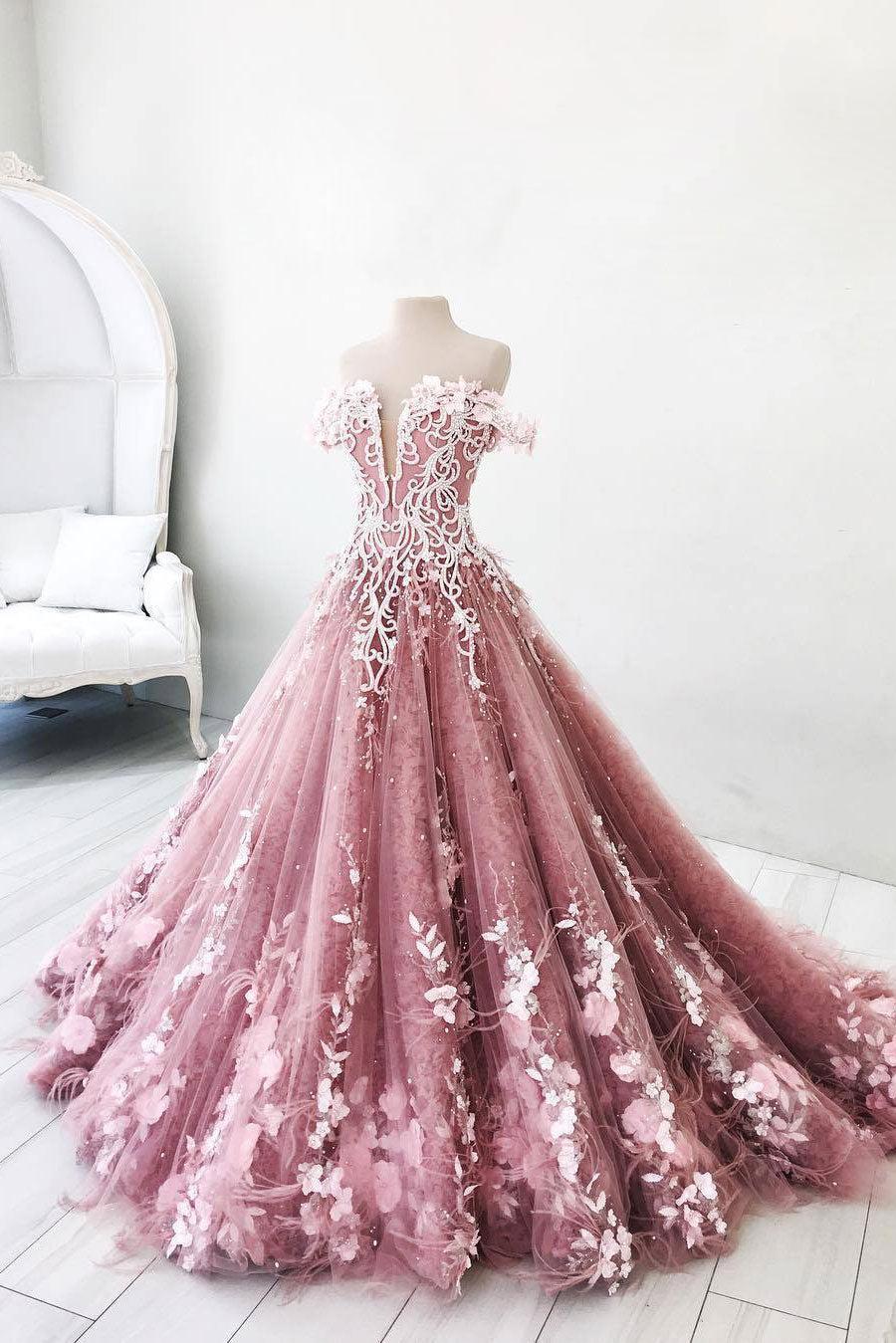 Pink Prom Dress Tulle Lace Long Formal Evening Dress