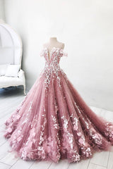 Pink Prom Dress Tulle Lace Long Formal Evening Dress