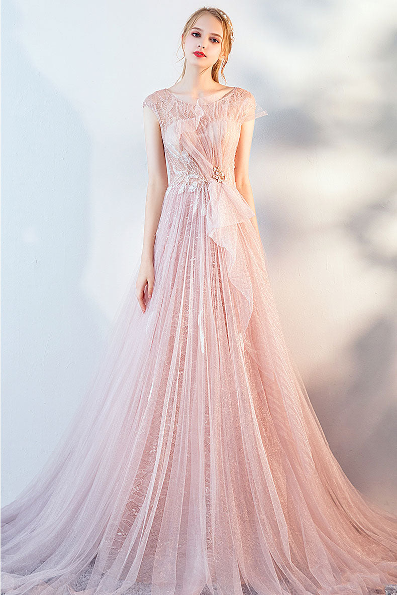 Pink Prom Dress Tulle Lace Long Formal Evening Dress