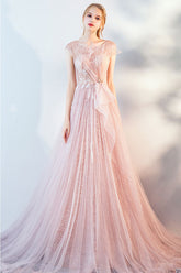 Pink Prom Dress Tulle Lace Long Formal Evening Dress