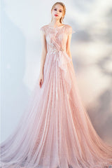 Pink Prom Dress Tulle Lace Long Formal Evening Dress