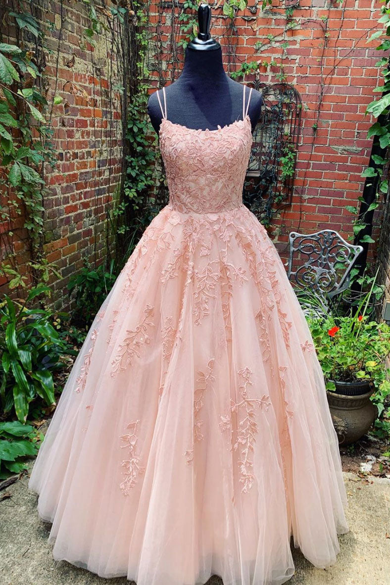 Pink Prom Dress Tulle Lace Long Formal Evening Dress