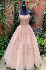 Pink Prom Dress Tulle Lace Long Formal Evening Dress