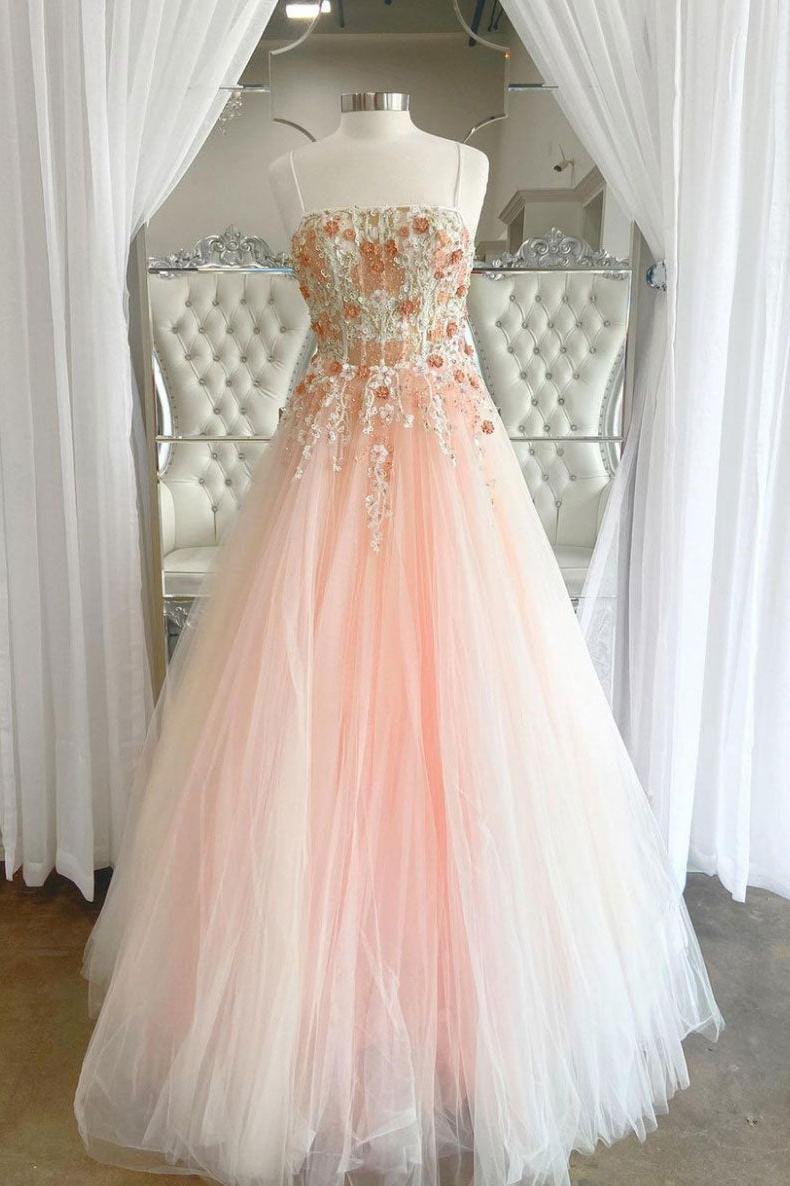 Pink Prom Dress Tulle Lace Long Formal Evening Dress