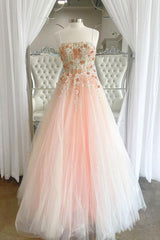 Pink Prom Dress Tulle Lace Long Formal Evening Dress