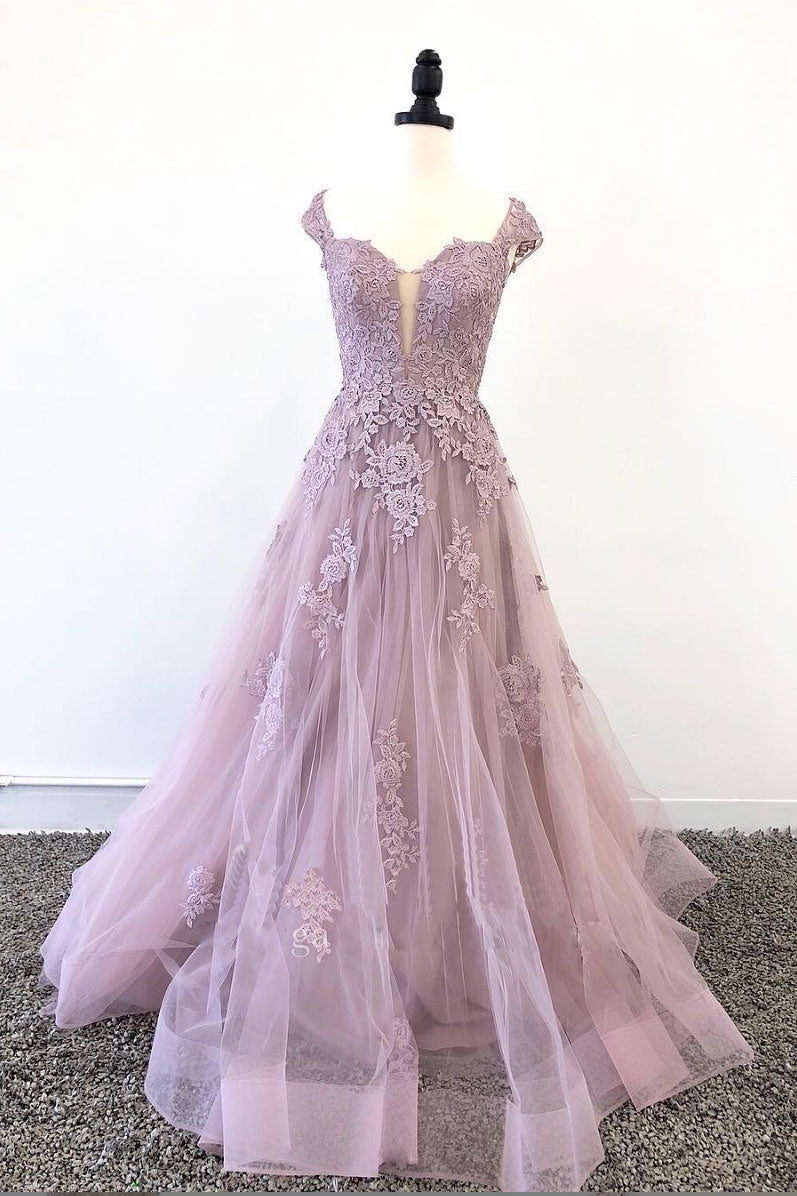 Pink Prom Dress Tulle Lace Long Formal Evening Dress