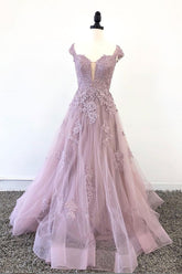 Pink Prom Dress Tulle Lace Long Formal Evening Dress