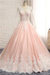 Pink Prom Dress Tulle Lace Long Formal Evening Dress
