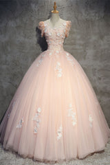 Pink Prom Dress Tulle Lace Long Formal Evening Dress