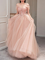 Pink Prom Dress Tulle Lace Long Formal Gown Evening Dress