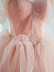 Pink Prom Dress Tulle Lace Long Formal Gown Evening Dress