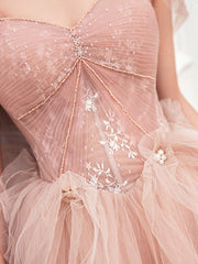 Pink Prom Dress Tulle Lace Long Formal Gown Evening Dress