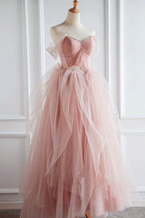 Pink Prom Dress Tulle Lace Long Formal Gown Evening Dress