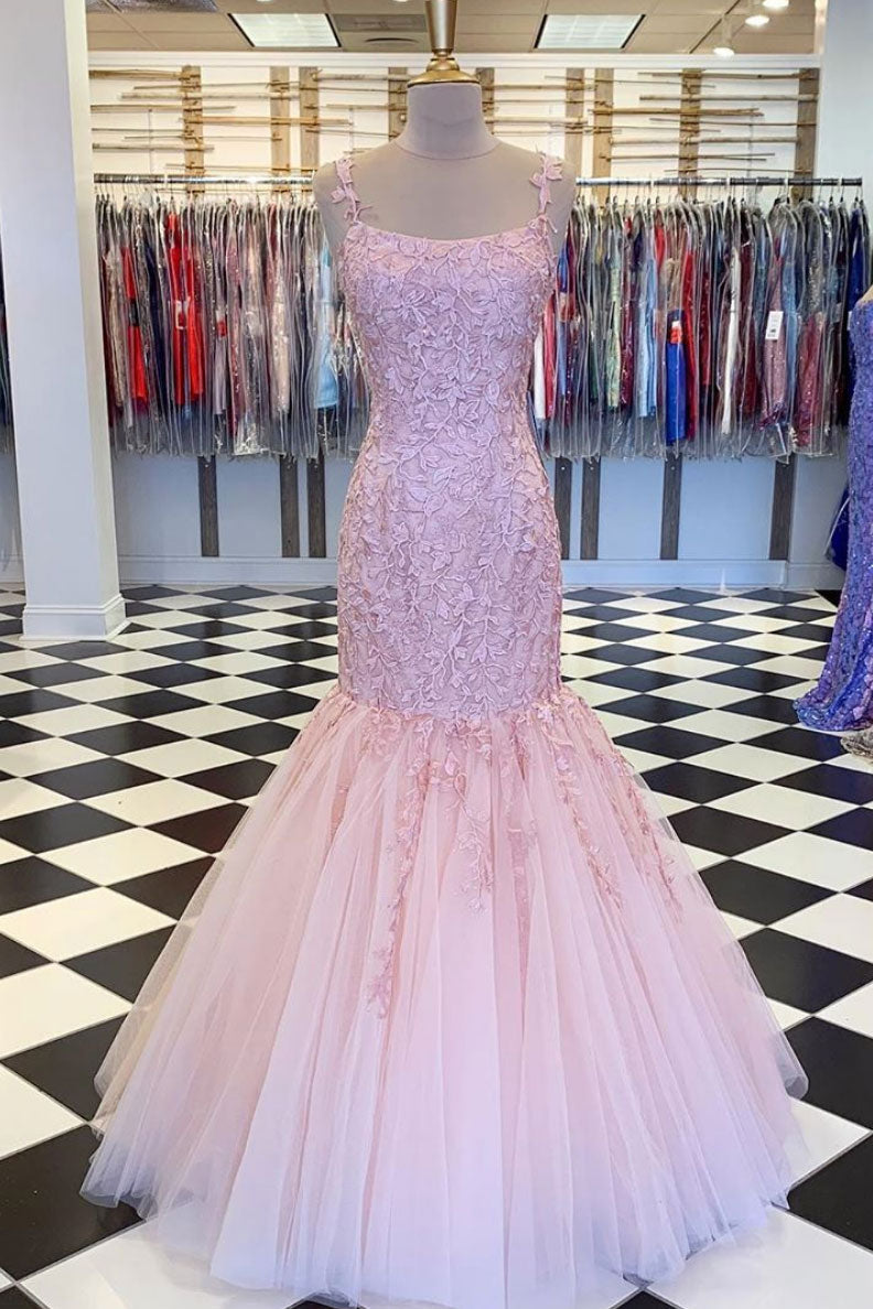 Pink Prom Dress Tulle Lace Mermaid Long Formal Dress Evening Dress