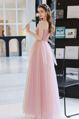 Pink Prom Dress Tulle Long A Line Lace Graduation Dress Evening Dress