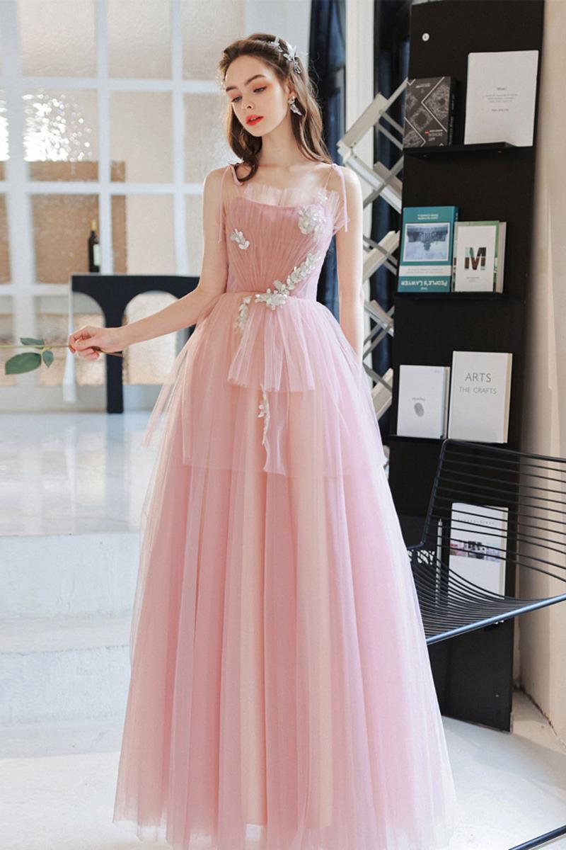 Pink Prom Dress Tulle Long A Line Lace Graduation Dress Evening Dress
