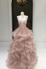 Pink Prom Dress Tulle Long Formal Gown Evening Dress