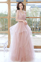Pink Prom Dress Tulle Off the Shoulder Long Formal Evening Dress