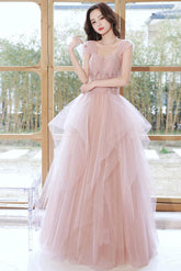 Pink Prom Dress Tulle Off the Shoulder Long Formal Evening Dress