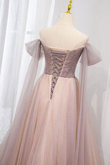 Pink Prom Dress Tulle Off the Shoulder Long Formal Gown Evening Dress