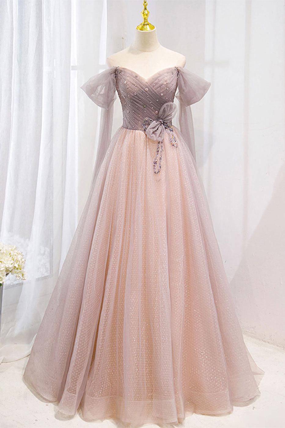 Pink Prom Dress Tulle Off the Shoulder Long Formal Gown Evening Dress