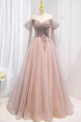 Pink Prom Dress Tulle Off the Shoulder Long Formal Gown Evening Dress