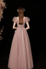 Pink Prom Dress Tulle Sequin Long Sweet 16 Dress Formal Evening Dress