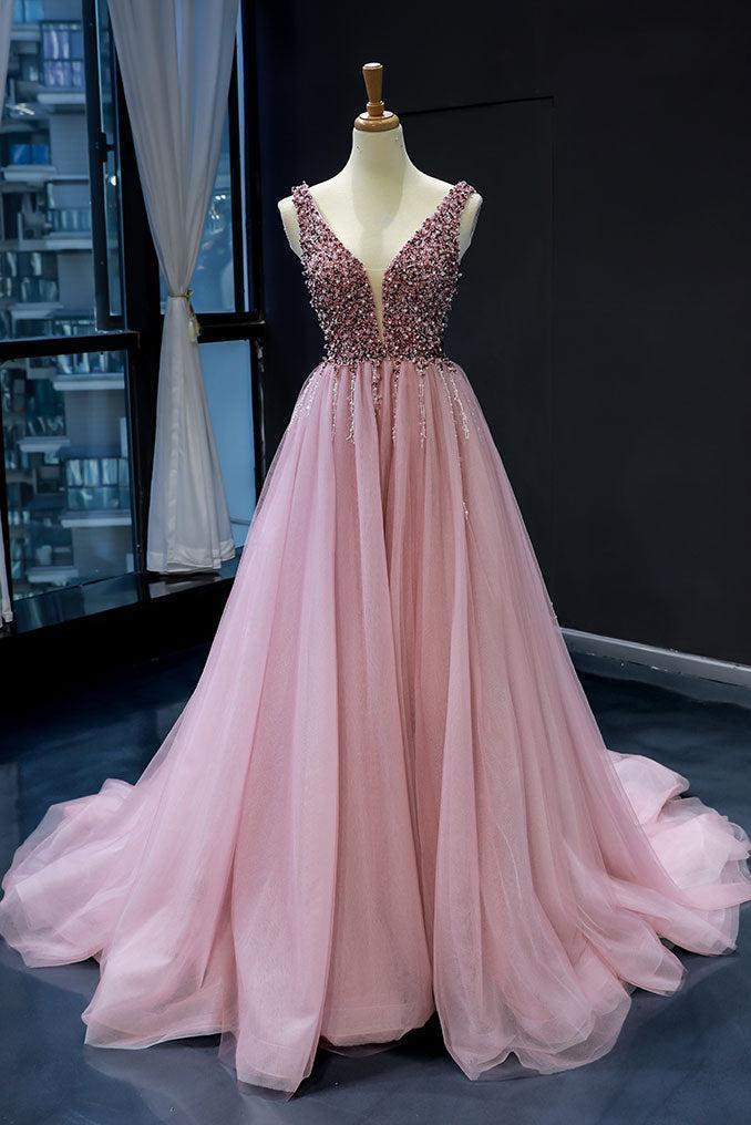 Pink Prom Dress Tulle Sequin V Neck Long Formal Dress Evening Dress