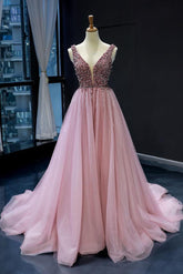 Pink Prom Dress Tulle Sequin V Neck Long Formal Dress Evening Dress