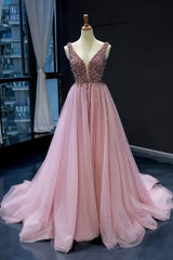 Pink Prom Dress Tulle Sequin V Neck Long Formal Dress Evening Dress