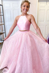 Pink Prom Dress Two PiecSatin Long Formal Gown Evening Dress
