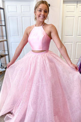 Pink Prom Dress Two PiecSatin Long Formal Gown Evening Dress