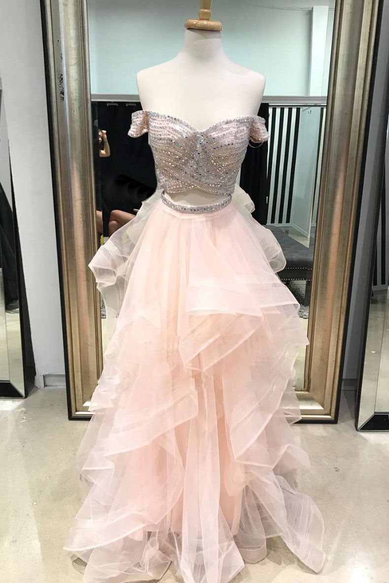 Pink Prom Dress Two Piece Beaded Tulle Long Formal Evening Dress