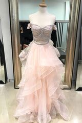 Pink Prom Dress Two Piece Beaded Tulle Long Formal Evening Dress