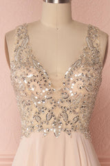 Pink Prom Dress V Neck Beaded Sequin Long Formal Gown Evening Dress