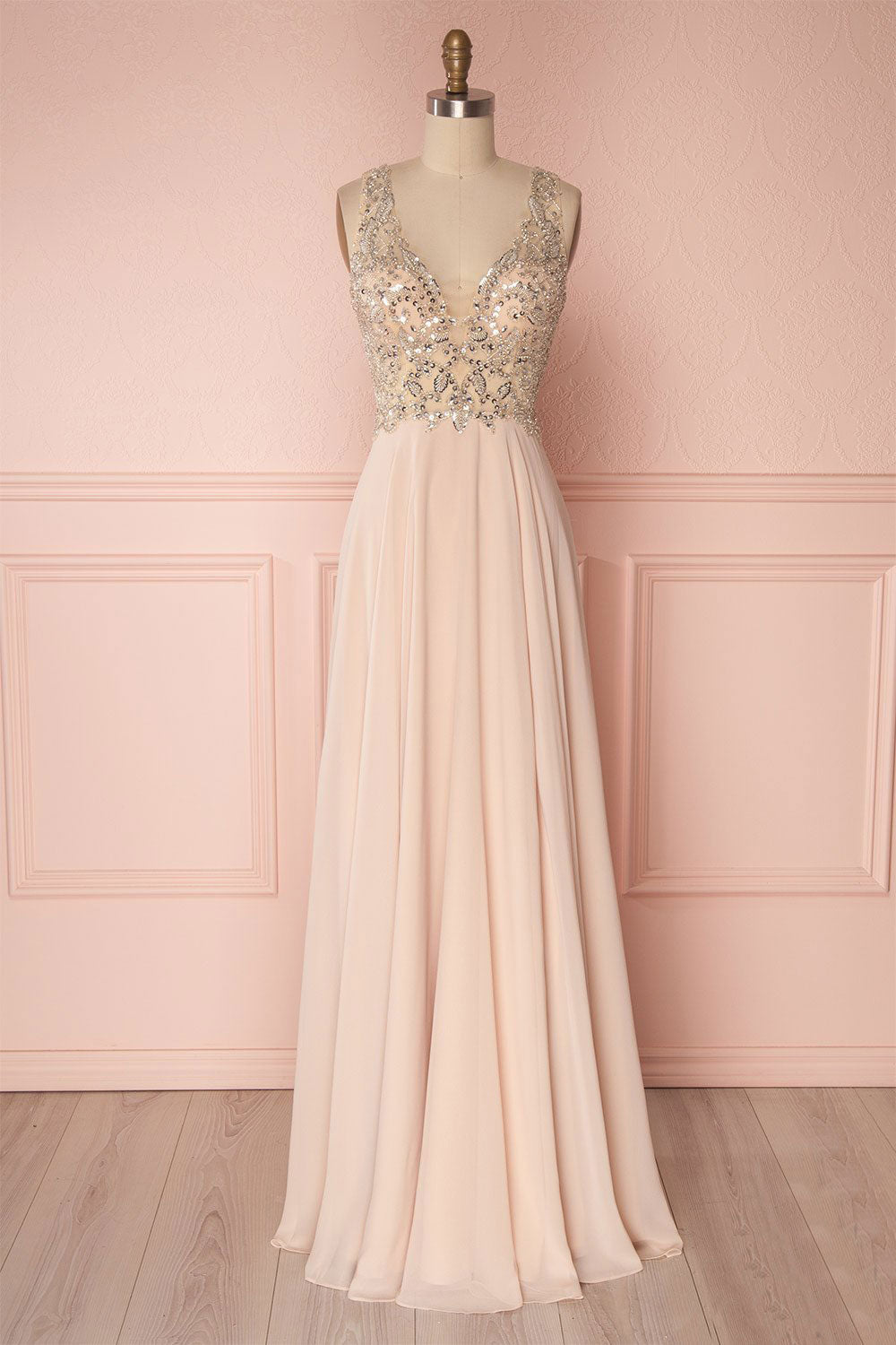 Pink Prom Dress V Neck Beaded Sequin Long Formal Gown Evening Dress