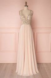 Pink Prom Dress V Neck Beaded Sequin Long Formal Gown Evening Dress