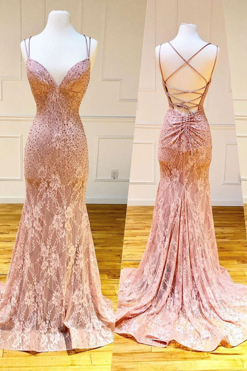 Pink Prom Dress V Neck Lace Mermaid Long Formal Gown Evening Dress