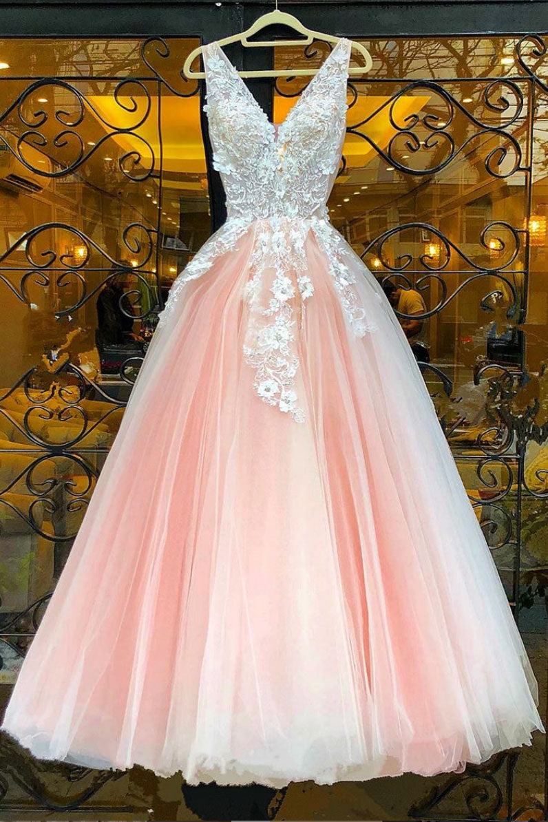 Pink Prom Dress V Neck Lace Tulle Long Evening Dress