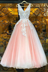 Pink Prom Dress V Neck Lace Tulle Long Evening Dress