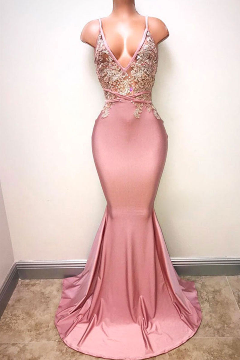 Pink Prom Dress V Neck Mermaid Long Evening Dress