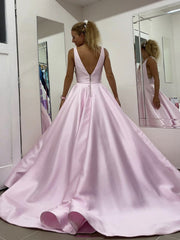 Pink Prom Dress V Neck Satin Lace Long Evening Dress