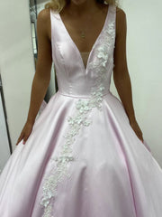 Pink Prom Dress V Neck Satin Lace Long Evening Dress