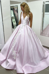 Pink Prom Dress V Neck Satin Lace Long Evening Dress