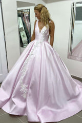 Pink Prom Dress V Neck Satin Lace Long Evening Dress