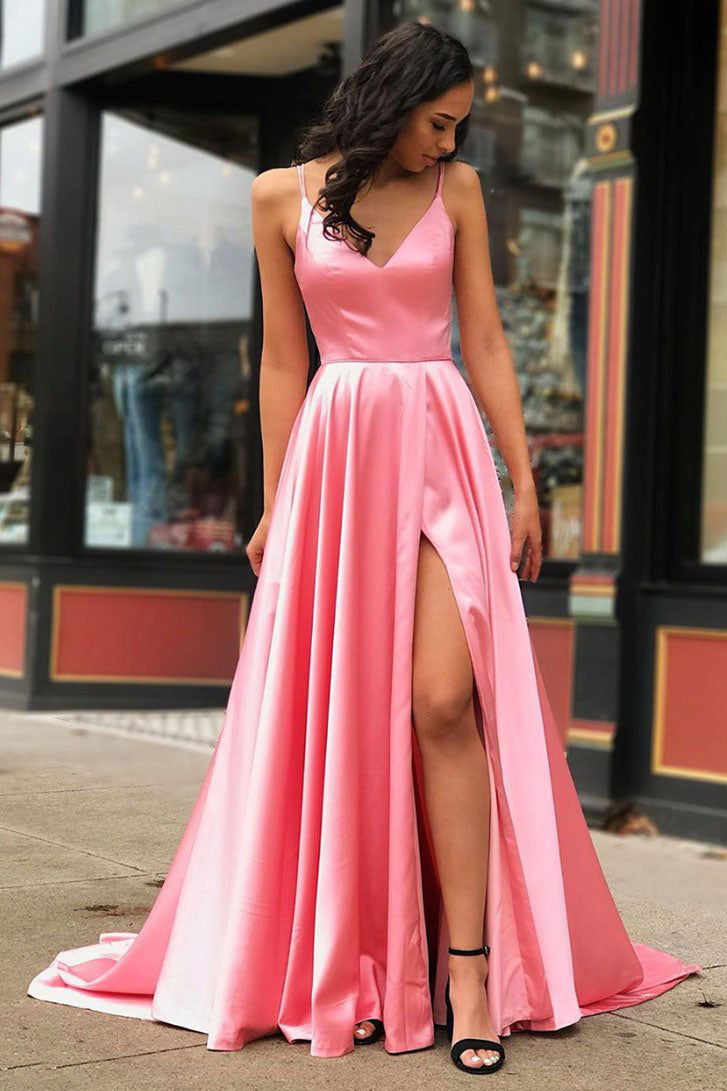 Pink Prom Dress V Neck Satin Long Formal Gown Evening Dress